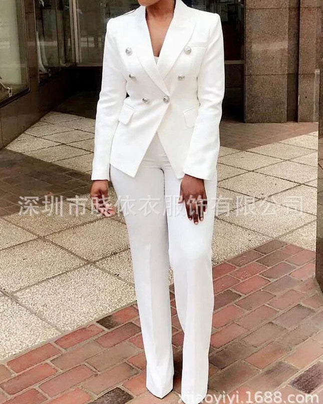 Women Pants Set Two Piece Sets Turn Down Collar White Blazer Elegant Coats Matching Sets Work High Waist Long Pants Suits