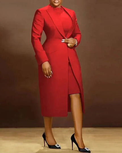 Women's Set Full Sleeve Long Blazer Coat+ Long Dress Suit  Winter Streetwear T
