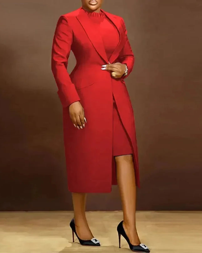 Women's Set Full Sleeve Long Blazer Coat+ Long Dress Suit  Winter Streetwear T