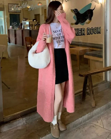 Women Pink Cardigan Knitted Streetwear  Autumn Elegant Thicken Knitwear Harajuku Kimono Loose Chic Wool Cardigans Ladies Winter