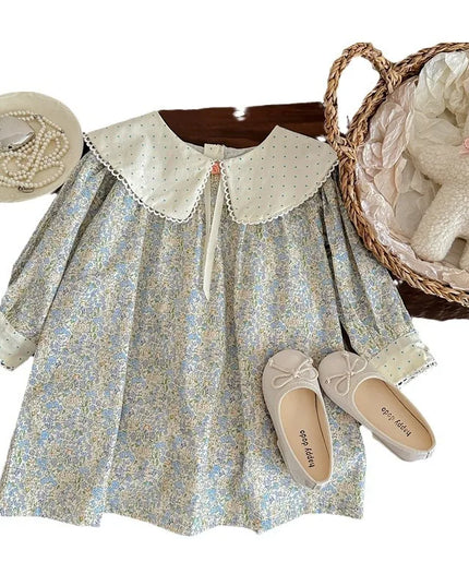 Spring Autumn Kids Baby Girls Dress Cotton Floral Printed Dot Turndown Collar Long Sleeve Toddler Girl Dress Children Girl Dress