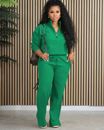 Fashion Women's Set Long Sleeve Zipper Fly Sweatshirt and Wide Leg Pants