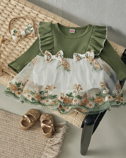 BeQeuewll 0-2Y Baby Girl Romper Dress Flower Embroidery Knit Rib Ruffles Crew Neck Jumpsuits Summer Bodysuits with Bow Headband