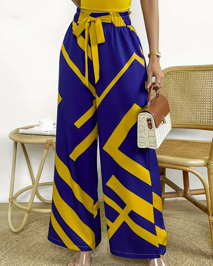 Geometric Pattern Print Wide Leg Pants Casual Loose Bow Front High Waist Pants For Every Day, Women's Clothing