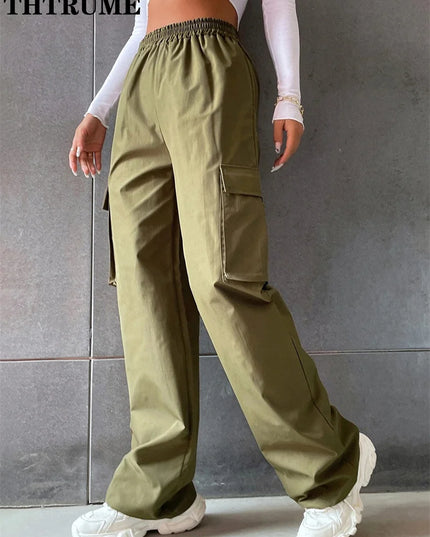 Vintage Streetwear Cargo Pants Fashion Women Solid Oversized Pocket High Waist Baggy Pant Casual Hip Hop Straight New Trousers
