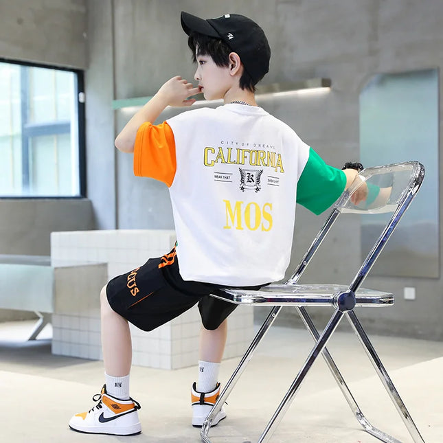 2025 summer Teenager Boys Clothes Casual Outfit Kids Tracksuit Child t shirt + shorts hot pant 4 5 6 7 8 9 10 12 11 13 14 Year