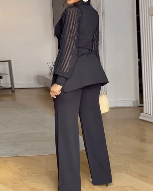 Two Piece Sets Women Outfits Button Front Top Wide Leg Pants Set with Sheer Long Sleeves