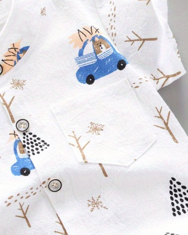 Infant and toddler summer full print bear driving pattern short sleeved shorts set for outdoor standing collar shirt fashion two