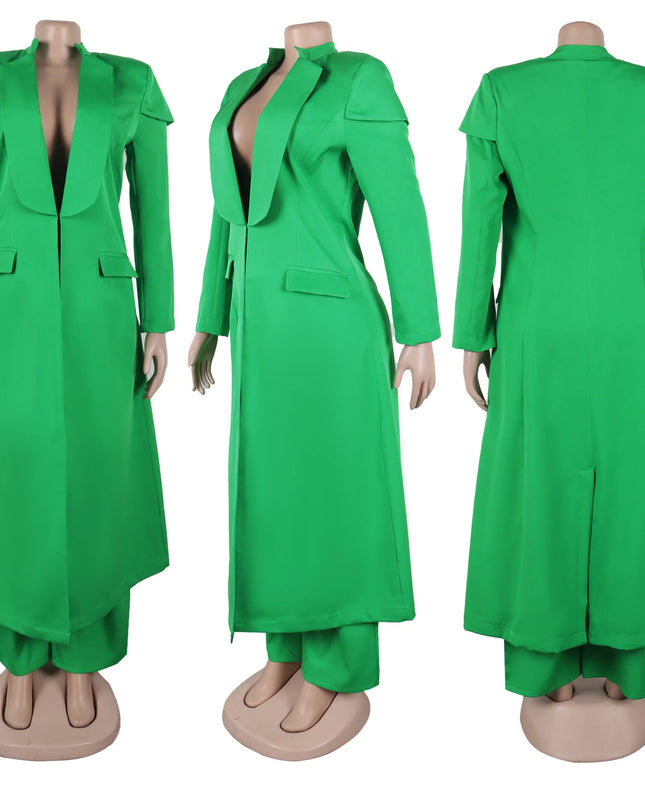 Women's Set Full Sleeve X-Long Blazer Coat+ Long Pant Suit