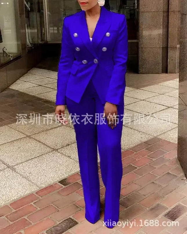 Women Pants Set Two Piece Sets Turn Down Collar White Blazer Elegant Coats Matching Sets Work High Waist Long Pants Suits