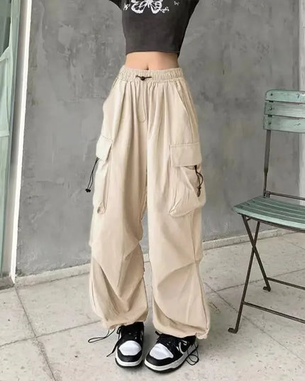 Women Casual Joggers Tech Pants Solid Low Waist Pants Drawstring Wide Leg Baggy Trousers Y2k Streetwear Oversize Sweatpants