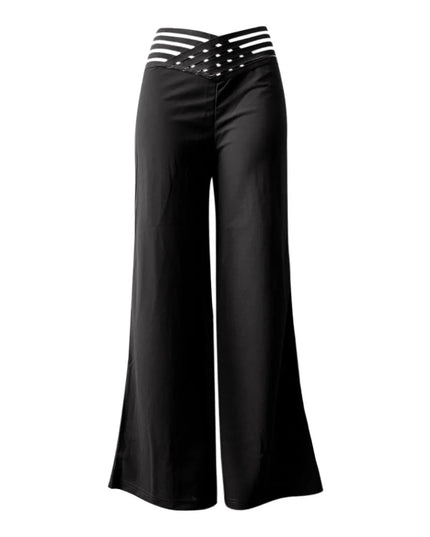 Women Wide Leg Flared Pants Autumn Casual Crisscross Sheer Mesh Patch High Waist Trousers Y2k Streetwear Elegant Work Pant