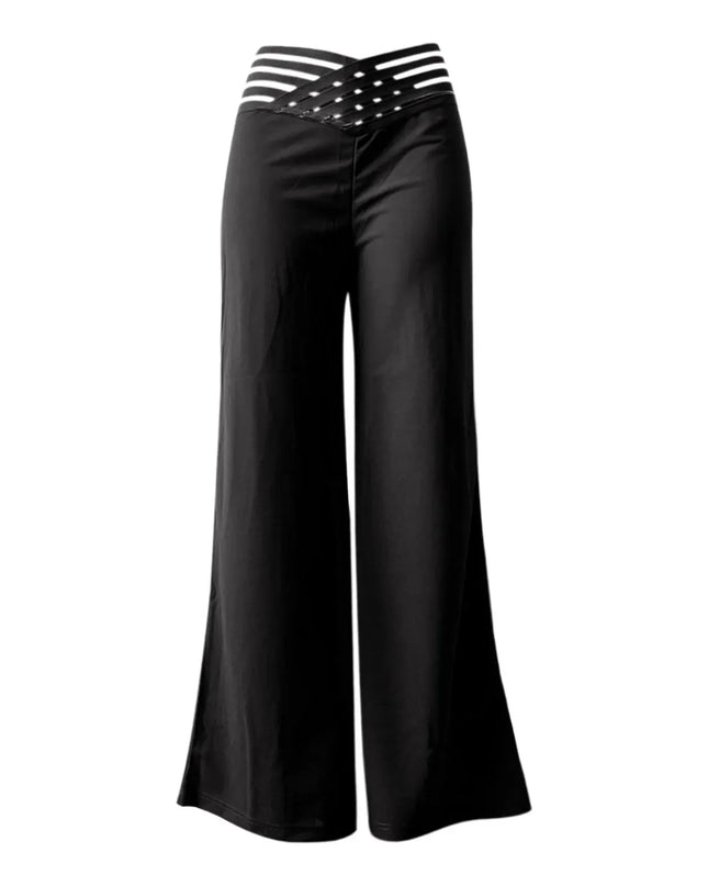 Women Wide Leg Flared Pants Autumn Casual Crisscross Sheer Mesh Patch High Waist Trousers Y2k Streetwear Elegant Work Pant