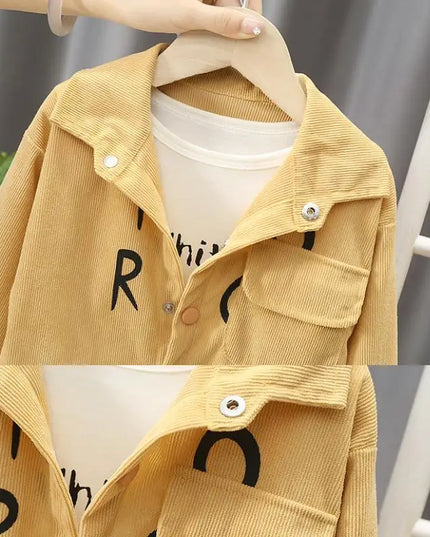 2025 New children's set boys' spring and autumn corduroy letter cardigan long sleeved two-piece set 1-5 years old