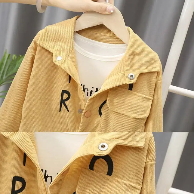 2025 New children's set boys' spring and autumn corduroy letter cardigan long sleeved two-piece set 1-5 years old