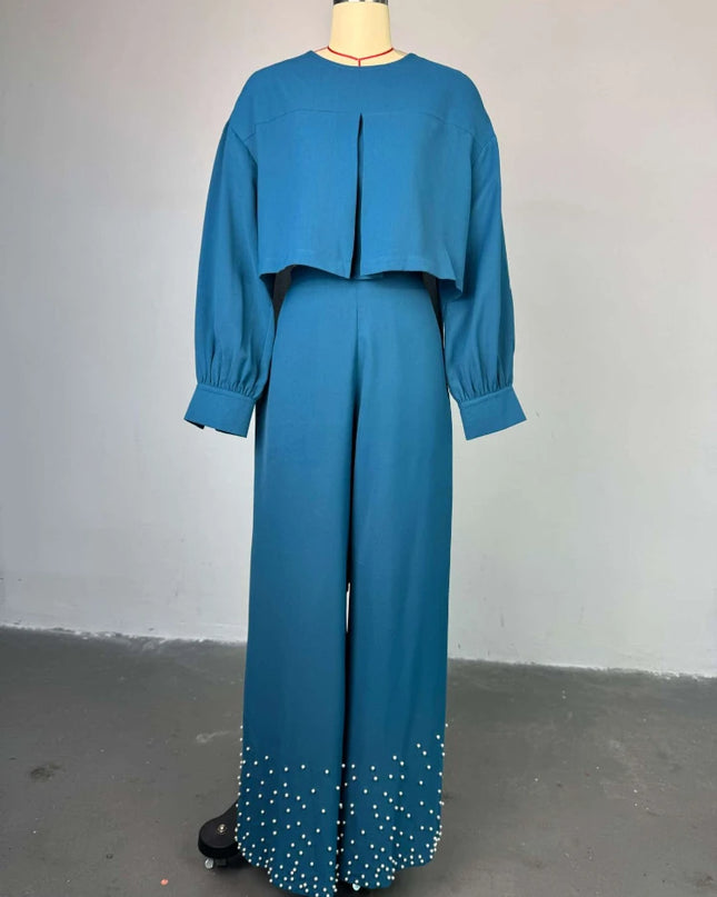 two piece sets women outfits o neck long lantern sleeve tops Embroidered Flares wide leg trousers fashion casual party Pant Sets