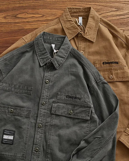 Heavy cargo shirt for men retro shirt for men pure cotton wash to do old loose casual long-sleeved coat for men