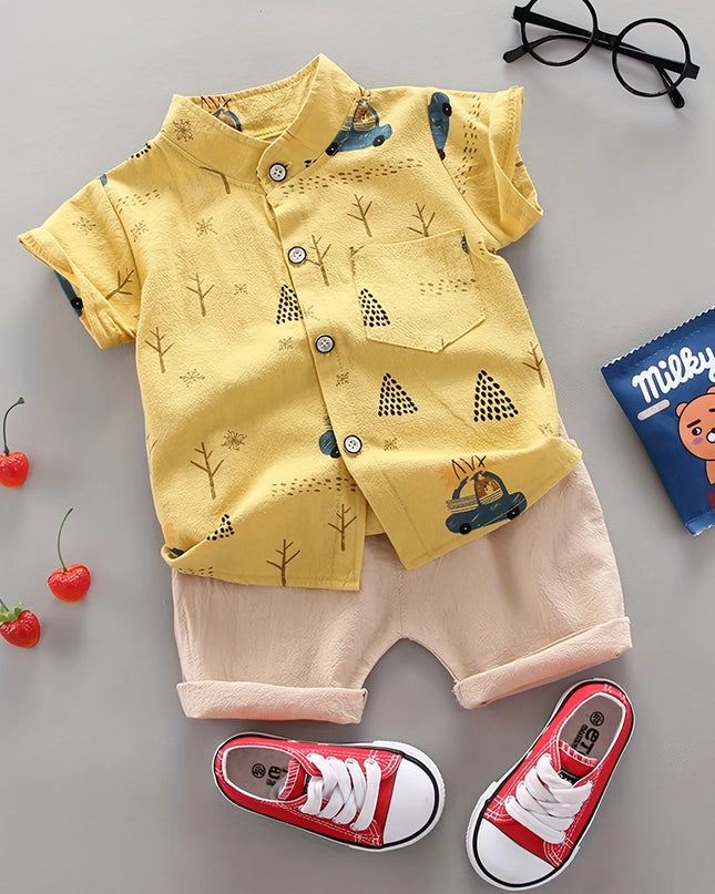 Infant and toddler summer full print bear driving pattern short sleeved shorts set for outdoor standing collar shirt fashion two