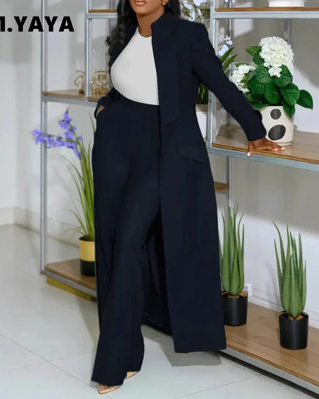 Women's Set Full Sleeve X-Long Blazer Coat+ Long Pant Suit