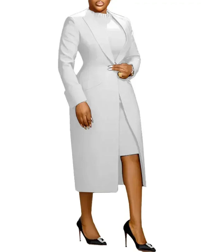 Women's Set Full Sleeve Long Blazer Coat+ Long Dress Suit  Winter Streetwear T