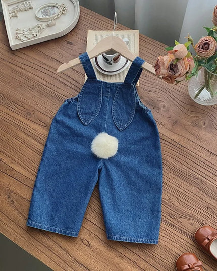 "2025 Autumn Baby Girl Sleeveless Denim Jumpsuit – Cute Rabbit Ear Overalls for Toddlers (0-24M)