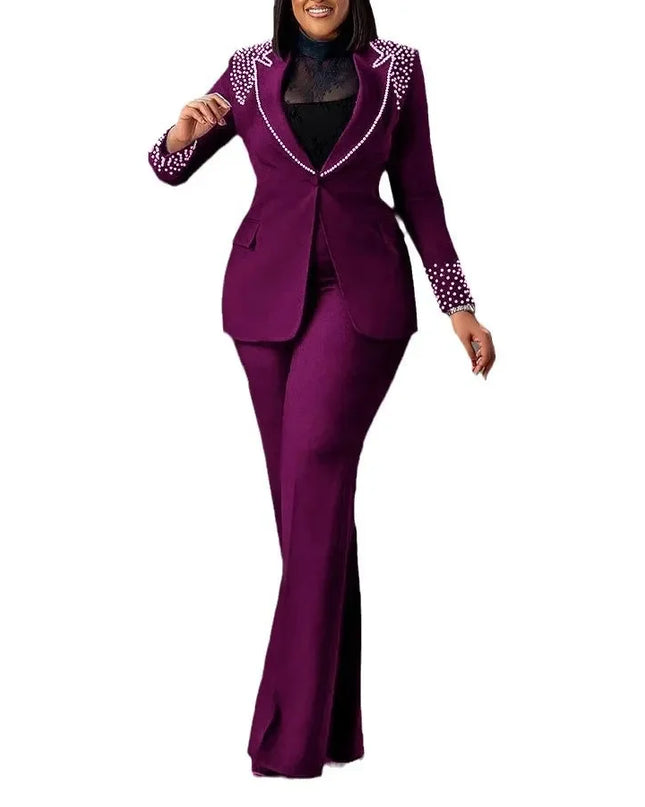 2 Pieces Women's Sets A Long Sleeve Pearl Blazers Suit