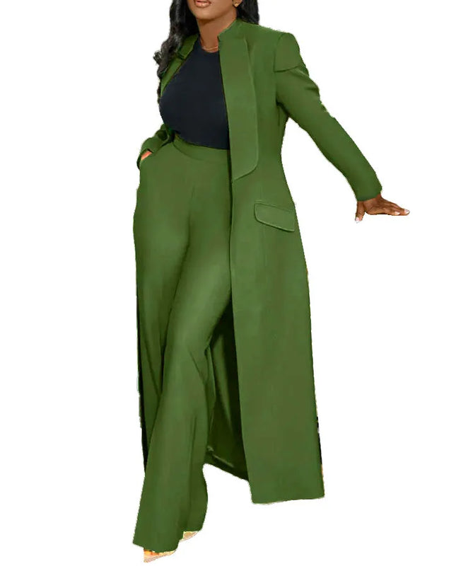Women's Set Full Sleeve X-Long Blazer Coat+ Long Pant Suit