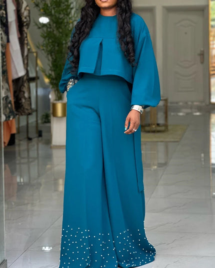 two piece sets women outfits o neck long lantern sleeve tops Embroidered Flares wide leg trousers fashion casual party Pant Sets