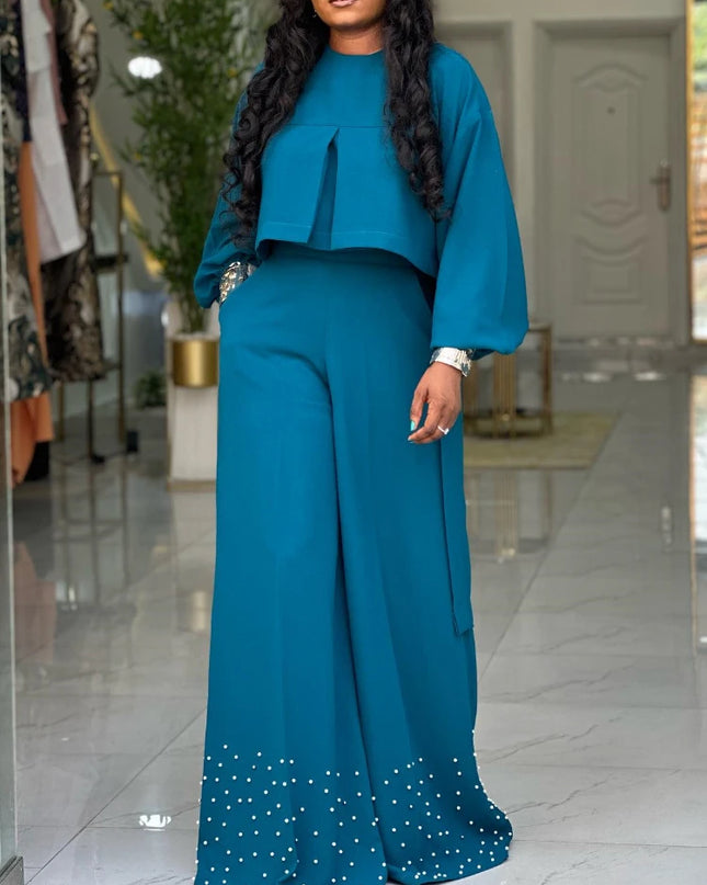 two piece sets women outfits o neck long lantern sleeve tops Embroidered Flares wide leg trousers fashion casual party Pant Sets