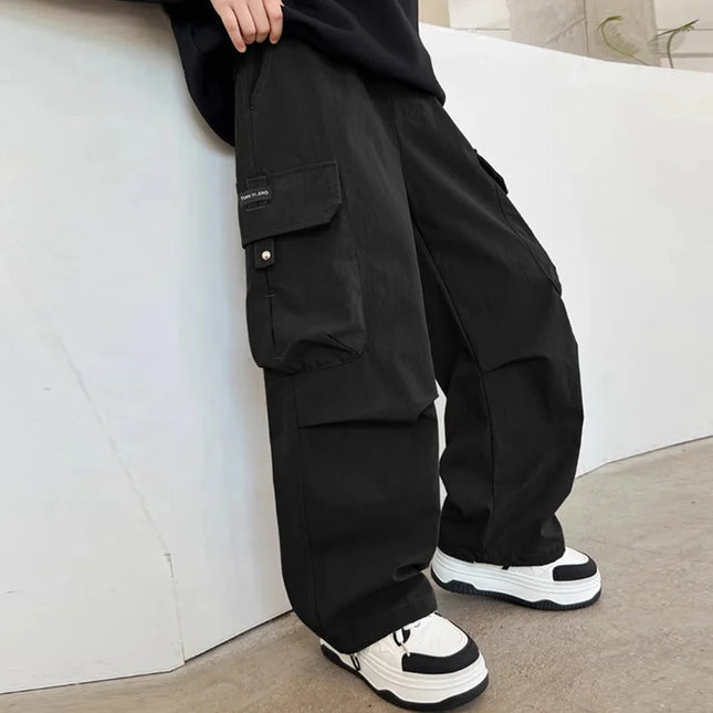 Boys Cargo Pants Children Spring Casual Trousers Children Autumn Straight Loose Pants Teenager Solid Color Wide-leg Clothing