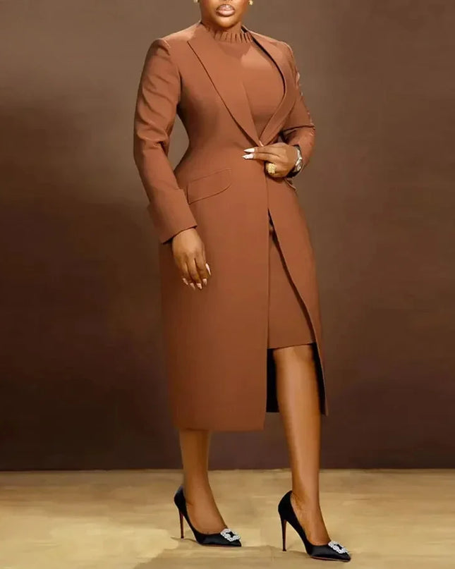 Women's Set Full Sleeve Long Blazer Coat+ Long Dress Suit  Winter Streetwear T