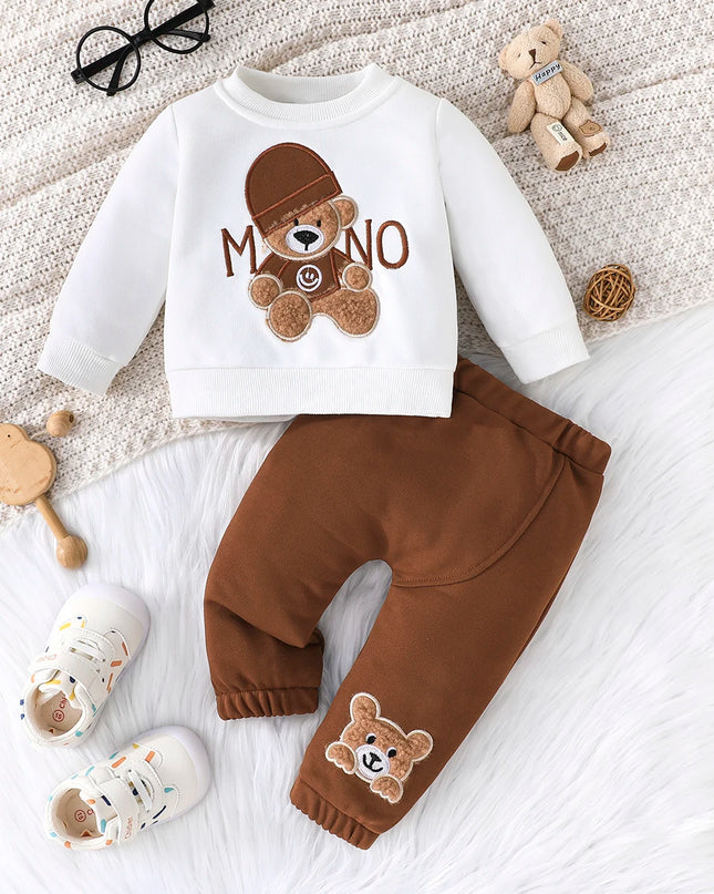 Terno For Kid 3-24Months Casual Cartoon Bear Long Sleeve tee and Navy Pants Outfit Toddler Infant Clothing Set Kids Wear