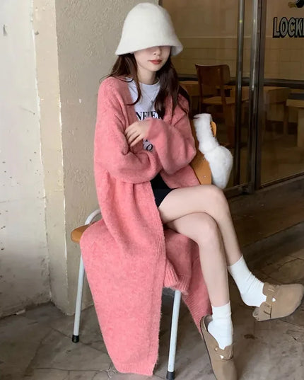 Women Pink Cardigan Knitted Streetwear  Autumn Elegant Thicken Knitwear Harajuku Kimono Loose Chic Wool Cardigans Ladies Winter