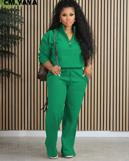 Fashion Women's Set Long Sleeve Zipper Fly Sweatshirt and Wide Leg Pants