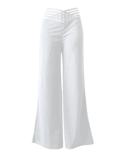 Women Wide Leg Flared Pants Autumn Casual Crisscross Sheer Mesh Patch High Waist Trousers Y2k Streetwear Elegant Work Pant