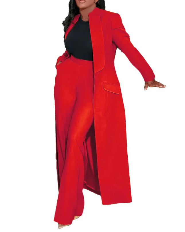 Women's Set Full Sleeve X-Long Blazer Coat+ Long Pant Suit