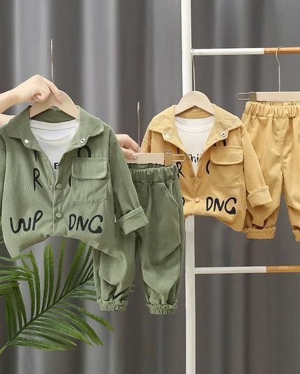 2025 New children's set boys' spring and autumn corduroy letter cardigan long sleeved two-piece set 1-5 years old