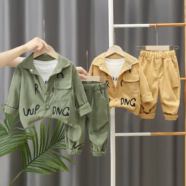 2025 New children's set boys' spring and autumn corduroy letter cardigan long sleeved two-piece set 1-5 years old