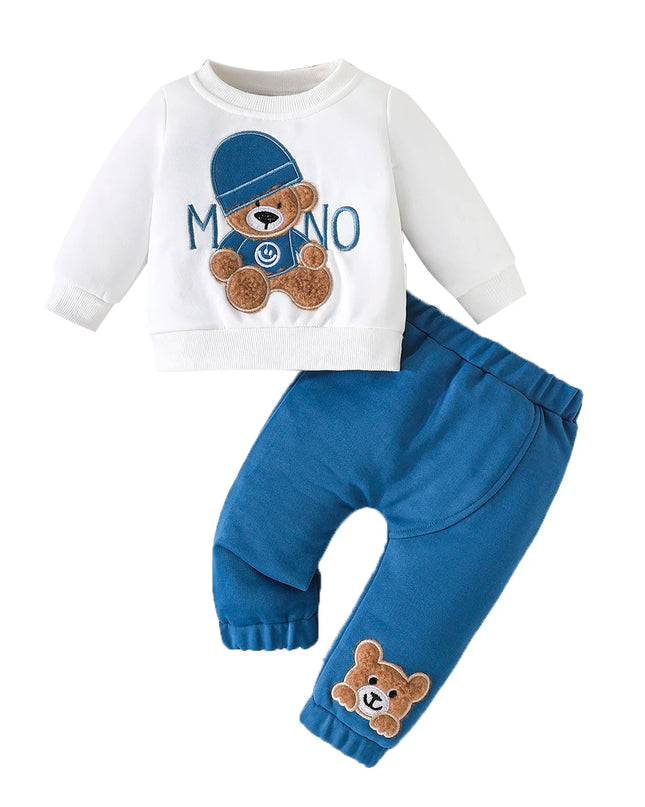 Terno For Kid 3-24Months Casual Cartoon Bear Long Sleeve tee and Navy Pants Outfit Toddler Infant Clothing Set Kids Wear