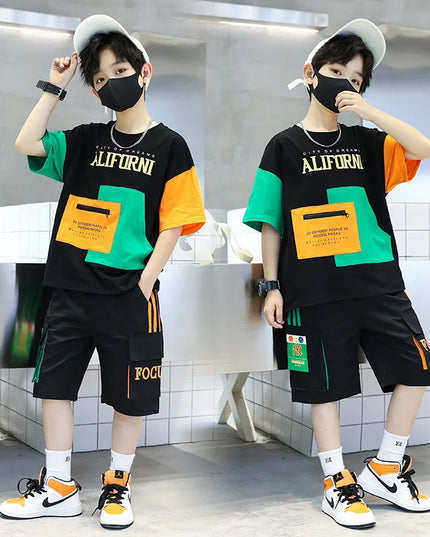 2025 summer Teenager Boys Clothes Casual Outfit Kids Tracksuit Child t shirt + shorts hot pant 4 5 6 7 8 9 10 12 11 13 14 Year