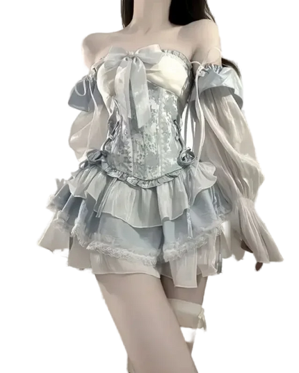 French Romantic Lolita Opal Elegant Girl Cosplay Princess Puffy Sleeve Bow Flower Tunic Mesh Fantasy Fairytale Dress