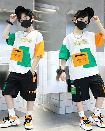 2025 summer Teenager Boys Clothes Casual Outfit Kids Tracksuit Child t shirt + shorts hot pant 4 5 6 7 8 9 10 12 11 13 14 Year