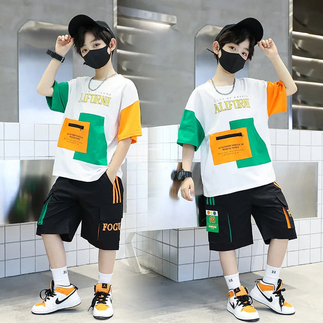 2025 summer Teenager Boys Clothes Casual Outfit Kids Tracksuit Child t shirt + shorts hot pant 4 5 6 7 8 9 10 12 11 13 14 Year
