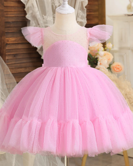 Flower Girl Wedding Dress Kids Pink Birthday Party Bow Princess Clothes Baby Evening Gala Costume Summer Ruffle Sleeve Tutu Gown
