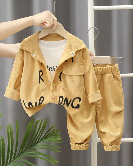 2025 New children's set boys' spring and autumn corduroy letter cardigan long sleeved two-piece set 1-5 years old