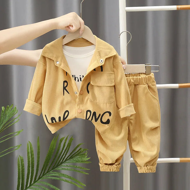 2025 New children's set boys' spring and autumn corduroy letter cardigan long sleeved two-piece set 1-5 years old