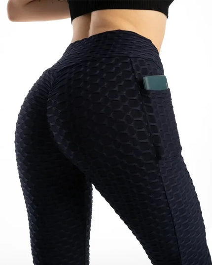Women Fashion Pocket Bubble Pants Stretchy Slim Leggings Gym Running Cycling Fitness Pants High Waist Hip Lift Leggings Female
