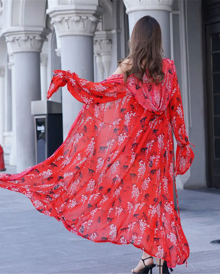 Korean Summer Women Chiffon Print Kimono Beach Cardigan Sheer Cover Up Sun Protection Clothing Long Blouse Shirts Female Tops