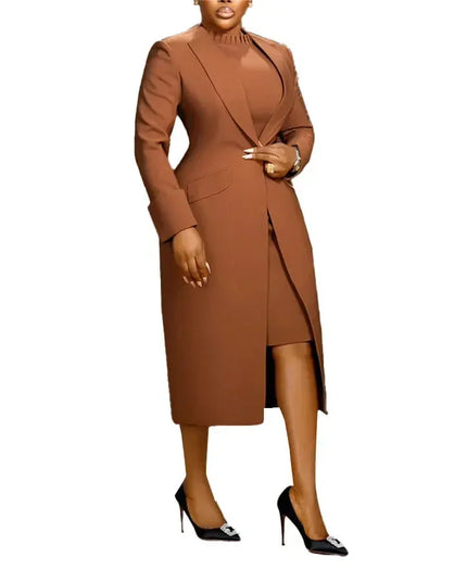 Women's Set Full Sleeve Long Blazer Coat+ Long Dress Suit  Winter Streetwear T
