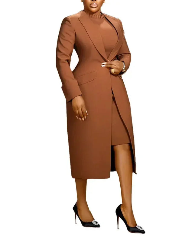 Women's Set Full Sleeve Long Blazer Coat+ Long Dress Suit  Winter Streetwear T